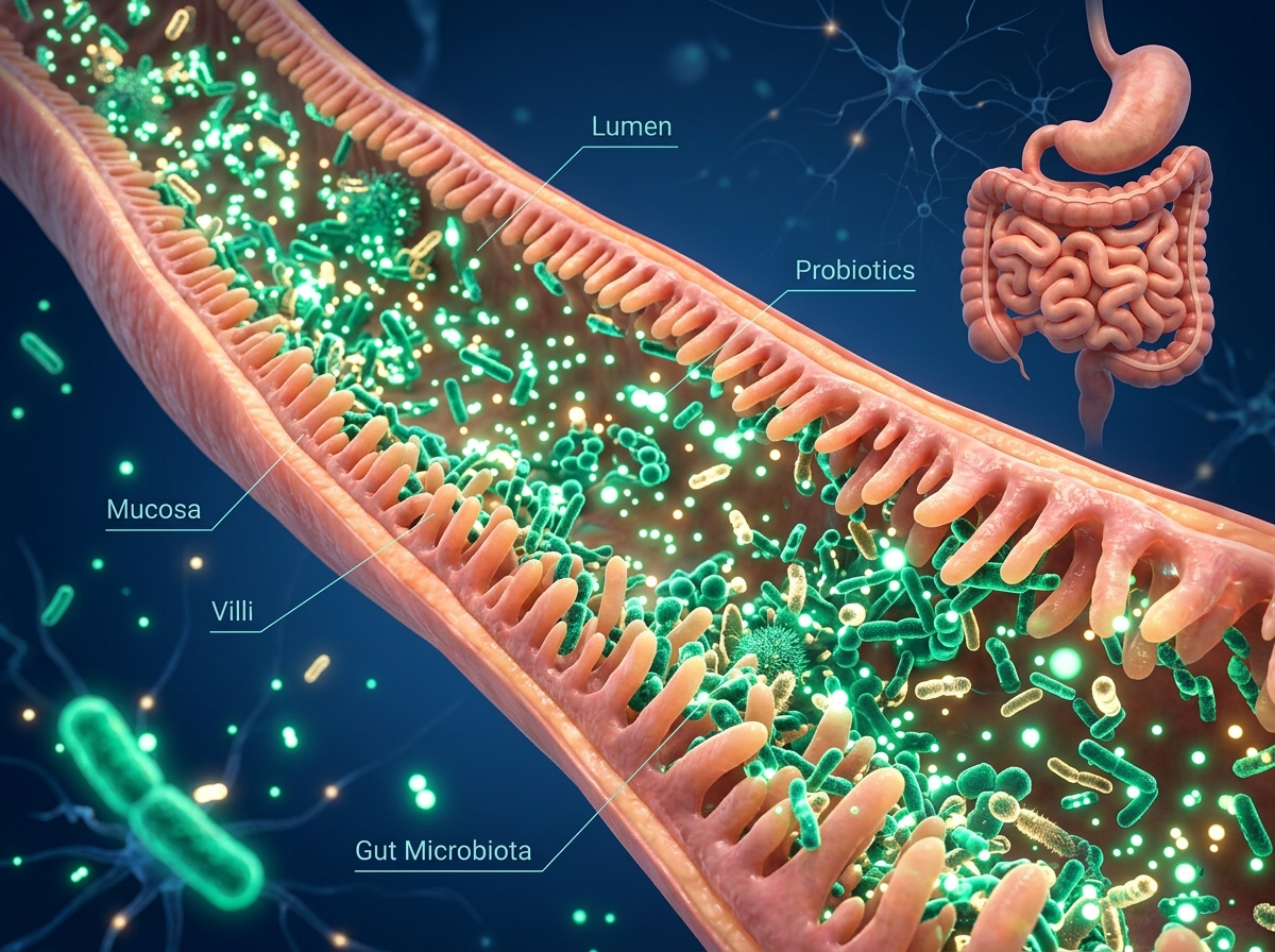 Emberi bélrendszer mikrobiom és probiotikumok 3D ábrázolása